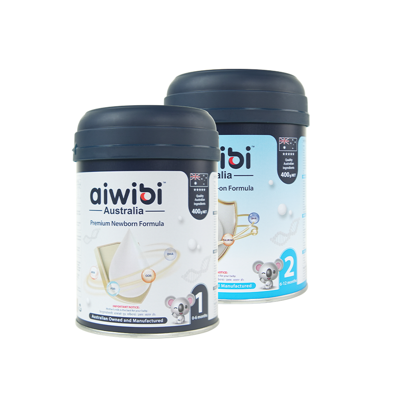 Two containers of aiwibi Australia baby formula on a white background